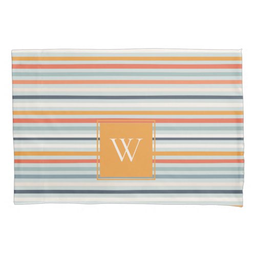 Cute Dusky Orange Blue Ochre Striped Pattern Pillow Case