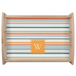Cute Dusky Orange Blue Ochre Striped Pattern Serving Tray