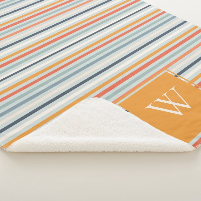 Cute Dusky Orange Blue Ochre Striped Pattern Sherpa Blanket (3/4)