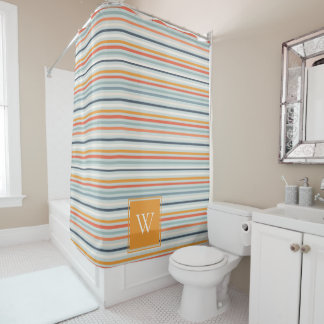 Cute Dusky Orange Blue Ochre Striped Pattern Shower Curtain