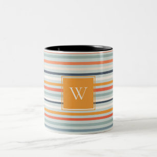 Cute Dusky Orange Blue Ochre Striped Pattern Two-Tone Coffee Mug
