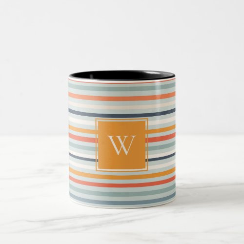 Cute Dusky Orange Blue Ochre Striped Pattern Two_Tone Coffee Mug