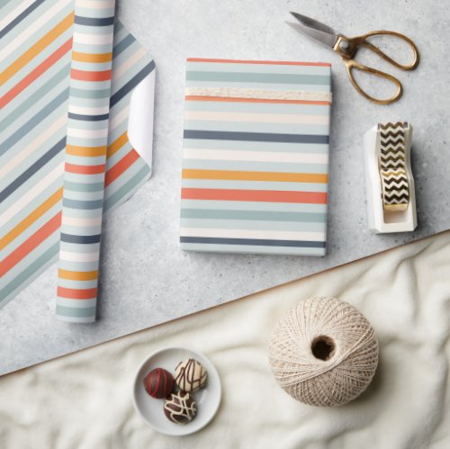 Cute Dusky Orange Blue Ochre Striped Pattern Wrapping Paper