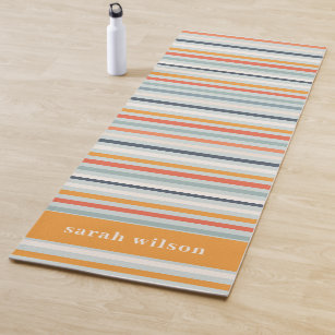 Cute Dusky Orange Blue Ochre Stripes Pattern Yoga Mat