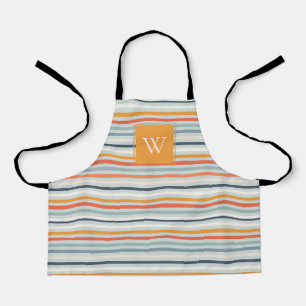 Cute Dusky Orange Blue Striped Pattern Monogram Apron