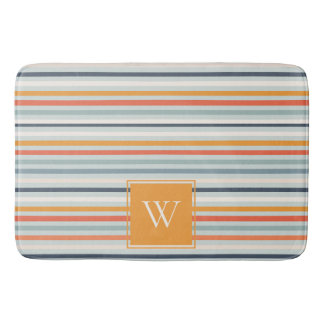 Cute Dusky Orange Blue Striped Pattern Monogram Bath Mat
