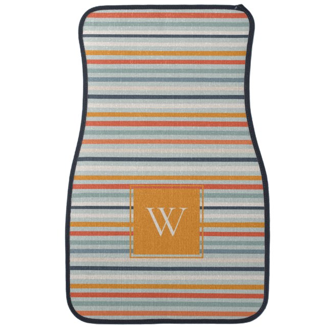 Cute Dusky Orange Blue Striped Pattern Monogram Car Floor Mat (Front)