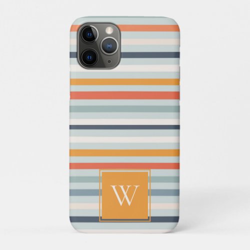 Cute Dusky Orange Blue Striped Pattern Monogram iPhone 11 Pro Case