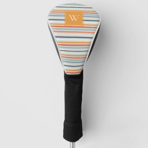 Cute Dusky Orange Blue Striped Pattern Monogram Golf Head Cover