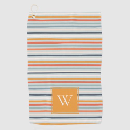 Cute Dusky Orange Blue Striped Pattern Monogram Golf Towel