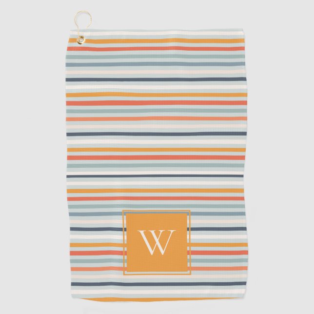Cute Dusky Orange Blue Striped Pattern Monogram Golf Towel (Front)