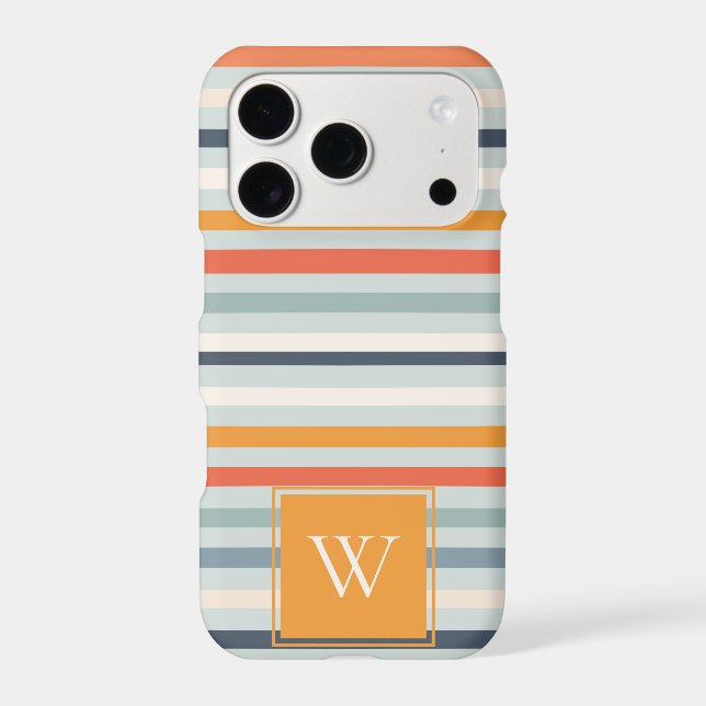 Cute Dusky Orange Blue Striped Pattern Monogram Iphone Case (Back)