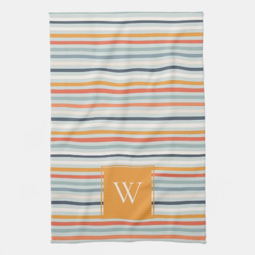 Cute Dusky Orange Blue Striped Pattern Monogram Kitchen Towel