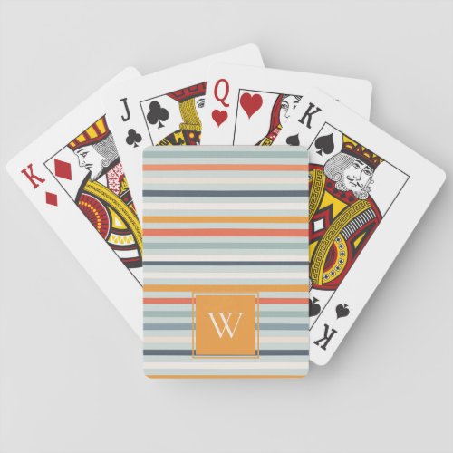 Cute Dusky Orange Blue Striped Pattern Monogram Poker Cards