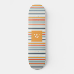 Cute Dusky Orange Blue Striped Pattern Monogram Skateboard