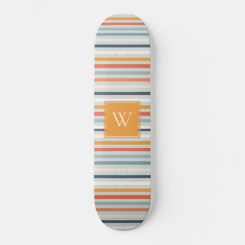 Cute Dusky Orange Blue Striped Pattern Monogram Skateboard