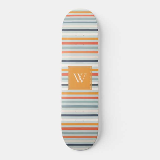 Cute Dusky Orange Blue Striped Pattern Monogram Skateboard (Front)