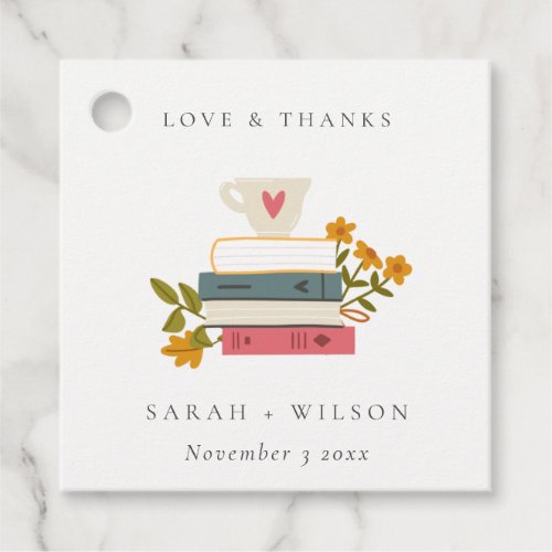 Cute Dusky Red Stacked Storybooks Floral Wedding Favor Tags