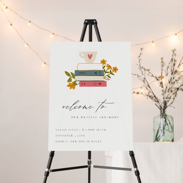Cute Dusky Red Stacked Storybooks Floral Wedding Foam Board (In Situ (Stand))
