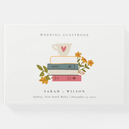 Cute Dusky Red Stacked Storybooks Floral Wedding Guest Book