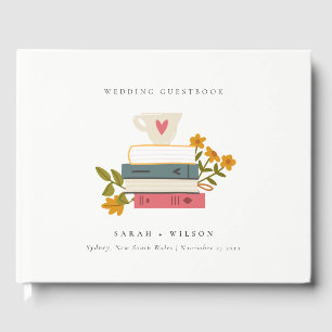 Cute Dusky Red Stacked Storybooks Floral Wedding Guest Book