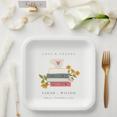Cute Dusky Red Stacked Storybooks Floral Wedding Paper Plates