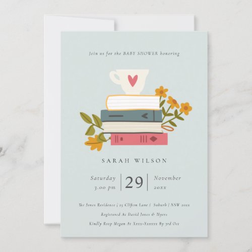 Cute Dusky Stacked Books Floral Baby Shower Invite