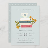 Cute Dusky Stacked Books Floral Baby Shower Invite (Front/Back)