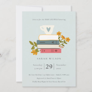 Cute Dusky Stacked Books Floral Baby Shower Invite