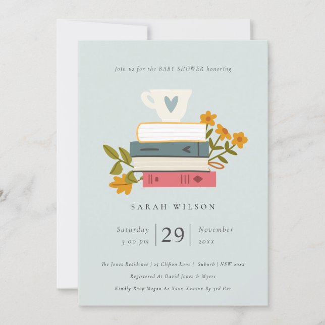 Cute Dusky Stacked Books Floral Baby Shower Invite (Front)