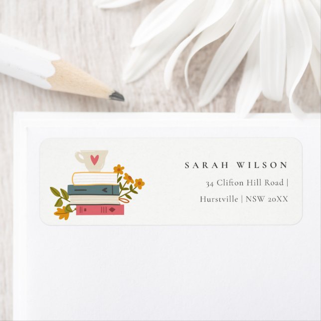 Cute Dusky Stacked Storybooks Floral Address Label (Insitu)