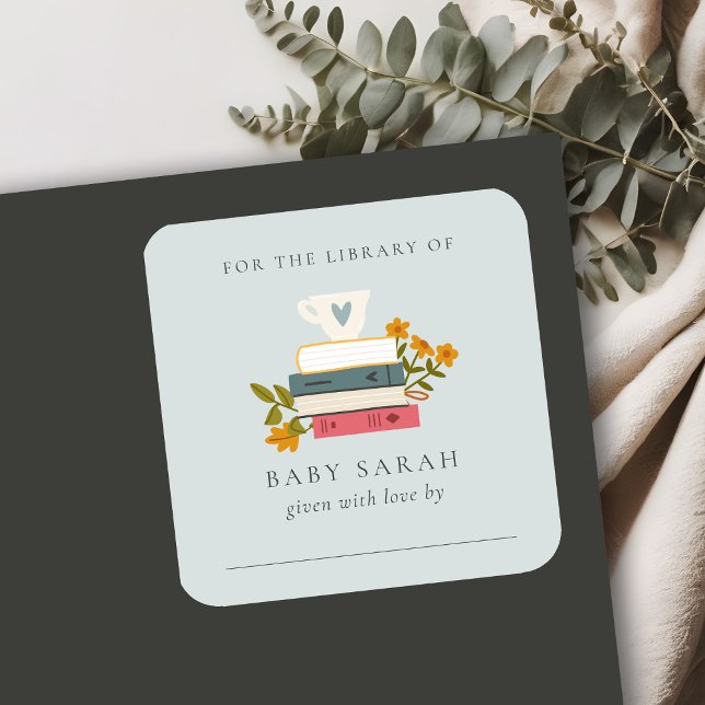 Cute Dusky Stacked Storybooks Floral Baby Library Square Sticker (Creator Uploaded)