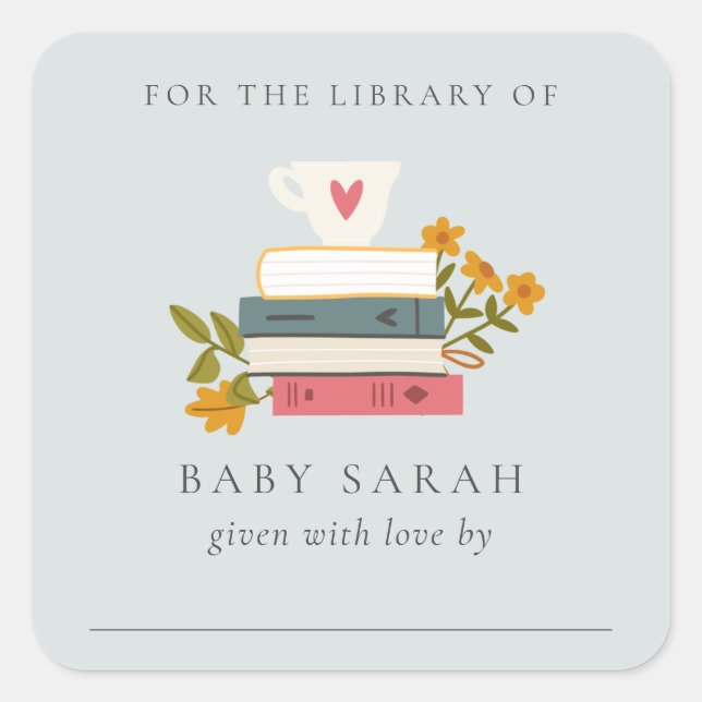 Cute Dusky Stacked Storybooks Floral Baby Library Square Sticker (Front)