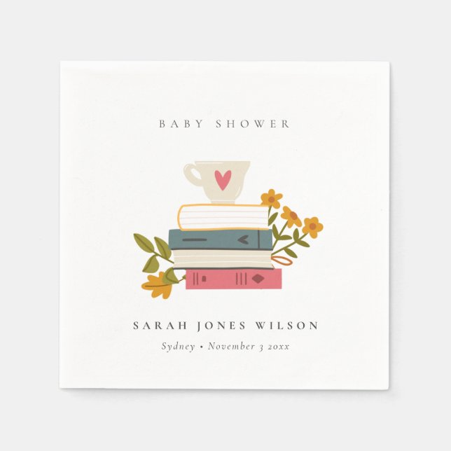 Cute Dusky Stacked Storybooks Floral Baby Shower Napkins (Front)