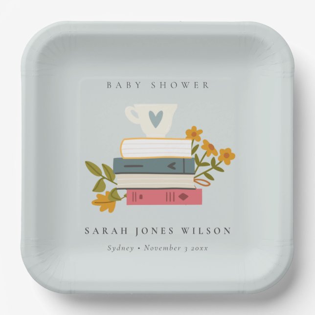 Cute Dusky Stacked Storybooks Floral Baby Shower Paper Plates (Front)