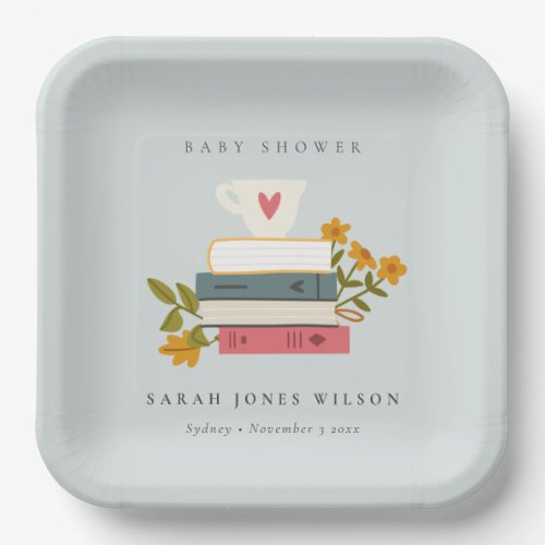 Cute Dusky Stacked Storybooks Floral Baby Shower Paper Plates