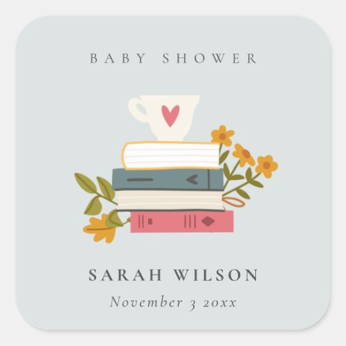 Cute Dusky Stacked Storybooks Floral Baby Shower Square Sticker