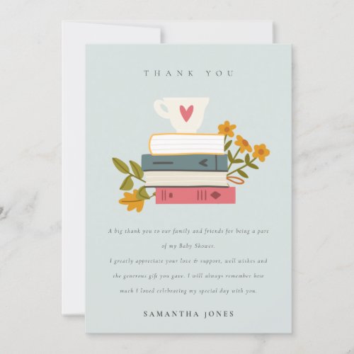 Cute Dusky Stacked Storybooks Floral Baby Shower Thank You Card