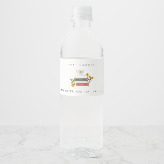 Cute Dusky Stacked Storybooks Floral Baby Shower Water Bottle Label (Front)