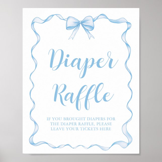 Cute Dusty Blue Bow Boy Baby Shower Diaper Raffle Poster (Front)