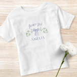 Cute Dusty Blue Bow & Floral Name Flower Girl Toddler T-shirt<br><div class="desc">Celebrate your flower girl with this adorable personalized T-shirt! Featuring a charming floral design and an elegant bow, this custom name T-shirt is perfect for making your flower girl feel special on the big day. Crafted from high-quality, soft fabric, it ensures comfort and style. Customize it with her name to...</div>