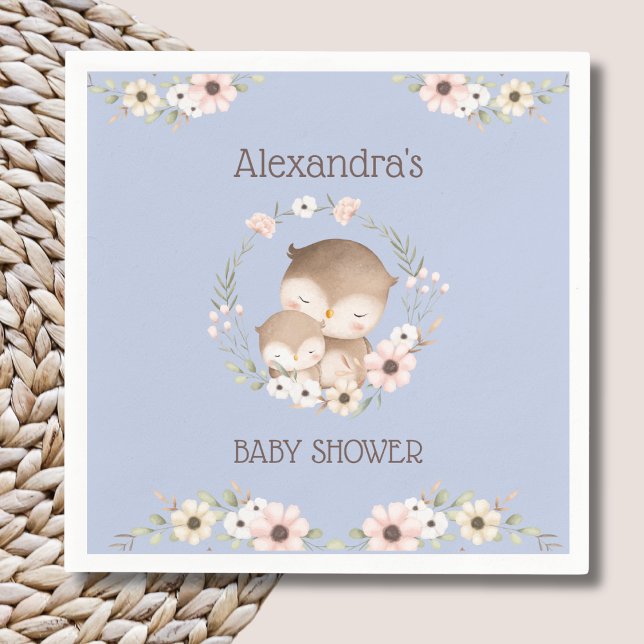 Cute Dusty Blue Floral Woodland Owl Baby Shower Napkins (Creator Uploaded)