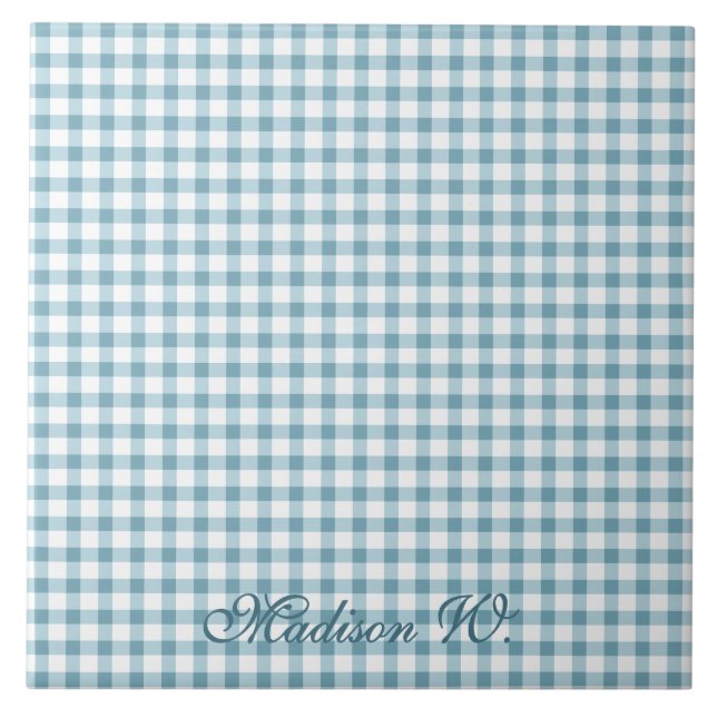 Cute Dusty Blue Gingham Pattern Ceramic Tile (Front)