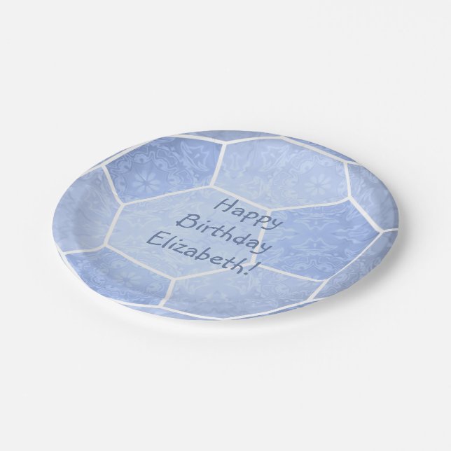 cute dusty blue girly soccer birthday party paper plates (Angled)