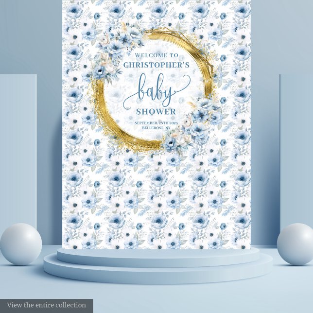 Cute Dusty Blue Gold Flowers Baby Shower Backdrop (Cute Dusty Blue Gold Flowers Baby Shower Backdrop

)