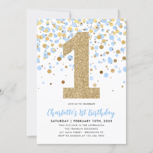 Cute Dusty Blue Gold Glitter Confetti 1st Birthday Invitation