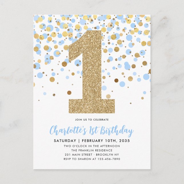 Cute Dusty Blue Gold Glitter Confetti 1st Birthday Postcard (Front)