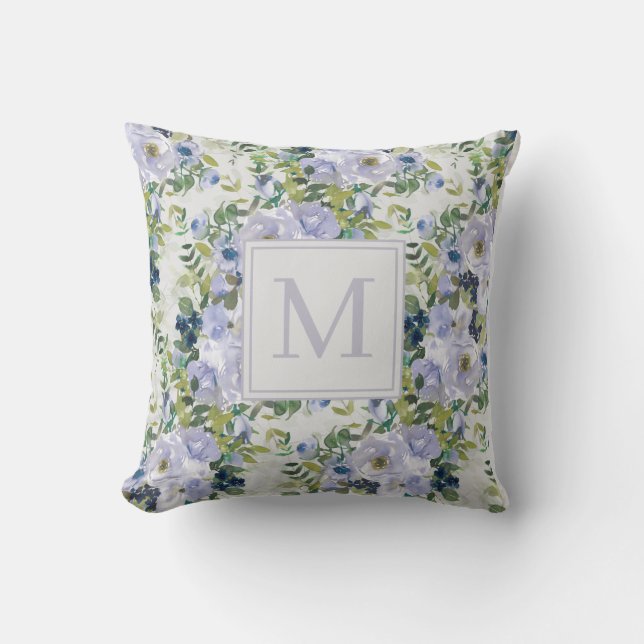 Cute Dusty Blue Navy Floral White Monogram  Outdoor Pillow (Front)