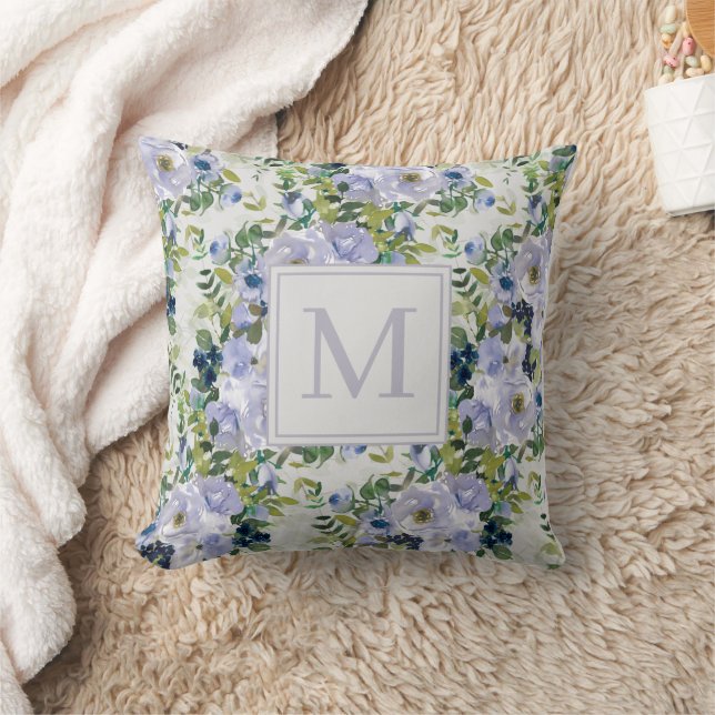 Cute Dusty Blue Navy Floral White Monogram Throw Pillow (Blanket)