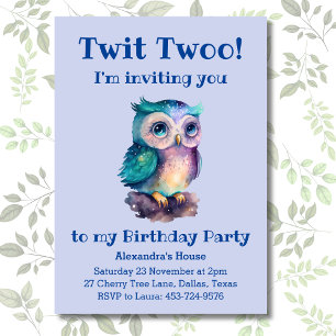 Cute Dusty Blue Owl Kids Woodland Birthday Invitation